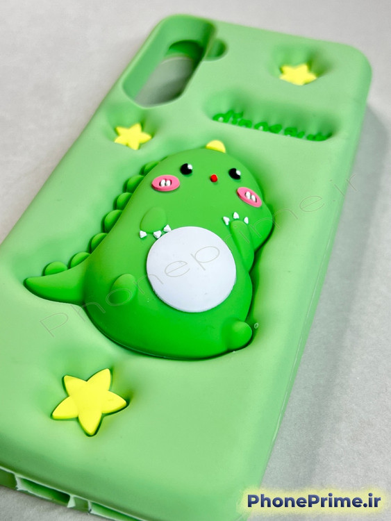 قاب پفکی سبز سامسونگ A05s با طرح دایناسور برجسته سه بعدی و ستارههای زرد تزئینی