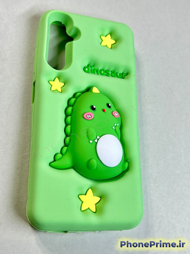 قاب پفکی سبز سامسونگ A05s با طرح دایناسور برجسته سه بعدی و ستارههای زرد تزئینی