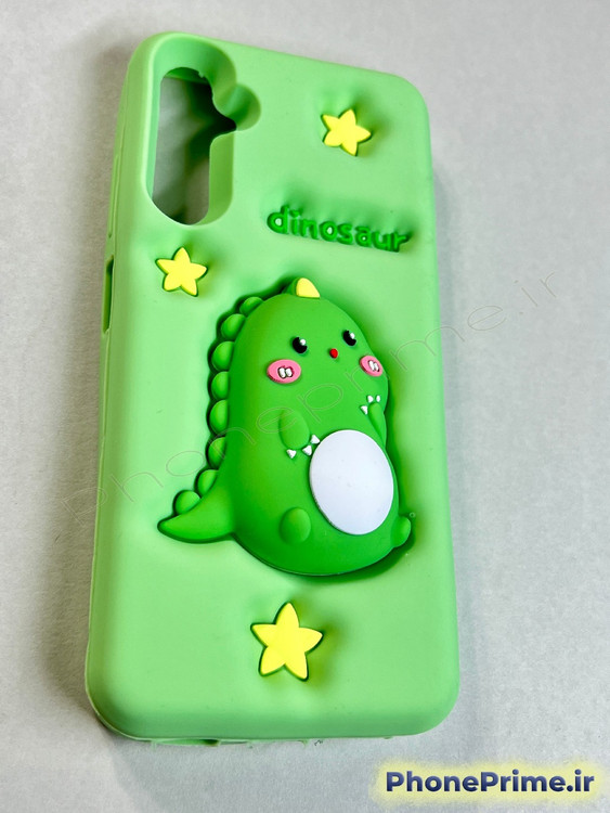 قاب پفکی سبز سامسونگ A05s با طرح دایناسور برجسته سه بعدی و ستارههای زرد تزئینی