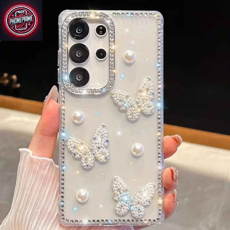قاب سامسونگ A13 | کاور فانتزی پروانه مرواریدی نگیندار سفید