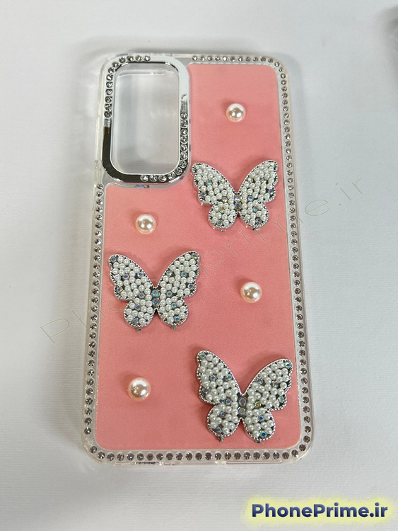 کاور فانتزی سامسونگ گلکسی A07 طرح پروانه سه بعدی و مروارید با بدنه اکلیلی درخشان