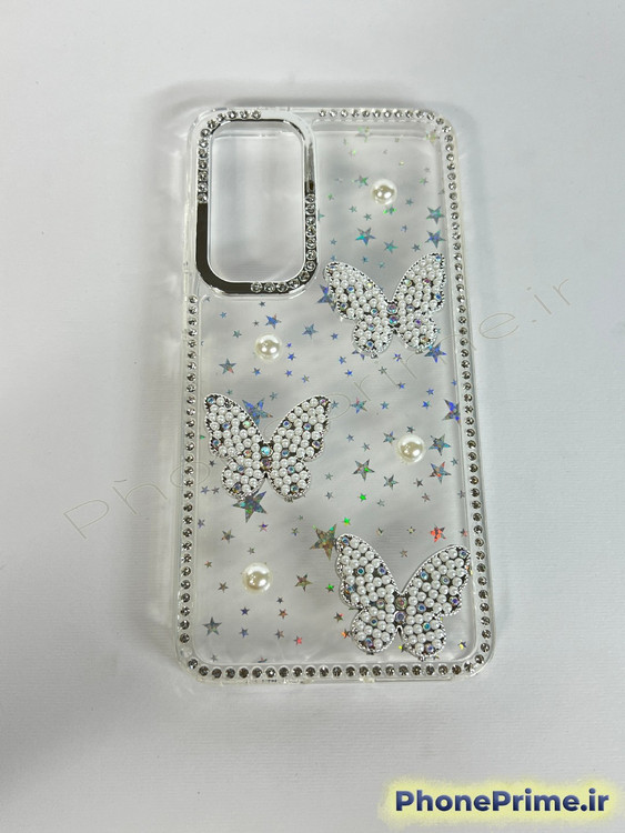کاور فانتزی سامسونگ گلکسی A07 طرح پروانه سه بعدی و مروارید با بدنه اکلیلی درخشان