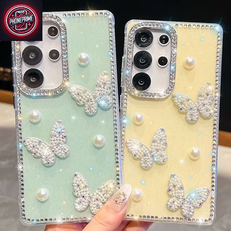 قاب سامسونگ A13 | کاور فانتزی پروانه مرواریدی نگیندار زرد و سبز