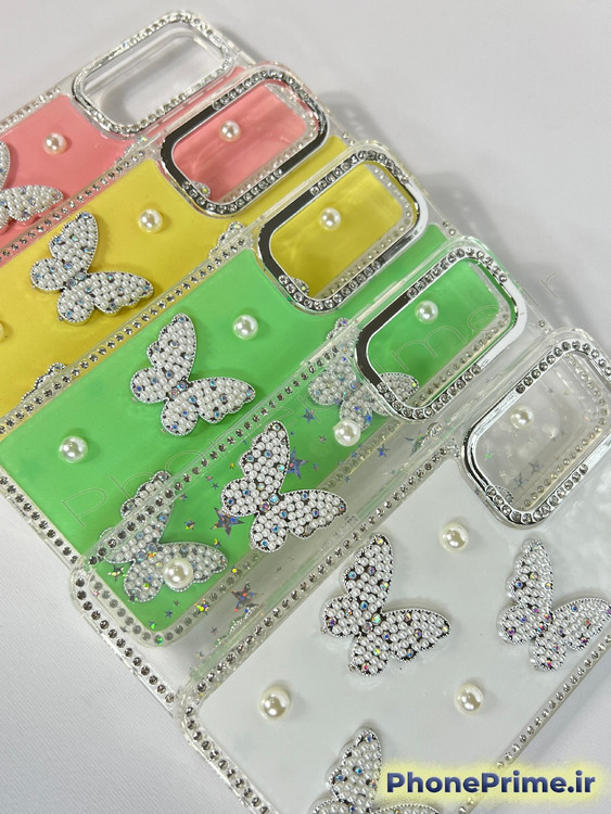 کاور فانتزی سامسونگ گلکسی A12 طرح پروانه سه بعدی و مروارید با بدنه اکلیلی درخشان
