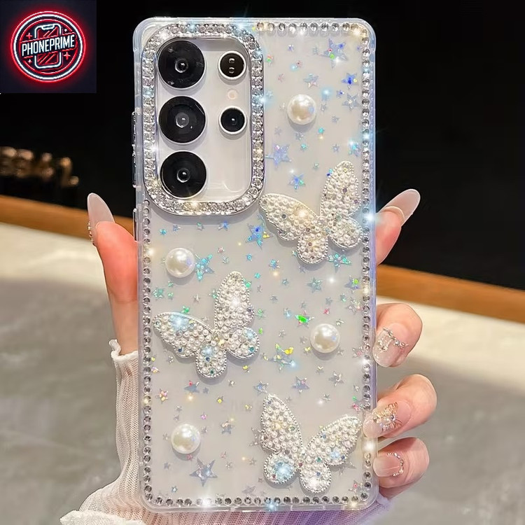 قاب سامسونگ A13 | کاور فانتزی پروانه مرواریدی نگیندار شفاف
