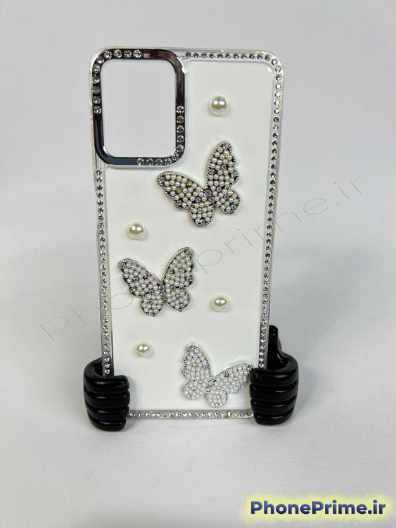 کاور فانتزی سامسونگ گلکسی A73 طرح پروانه سه بعدی و مروارید با بدنه اکلیلی درخشان