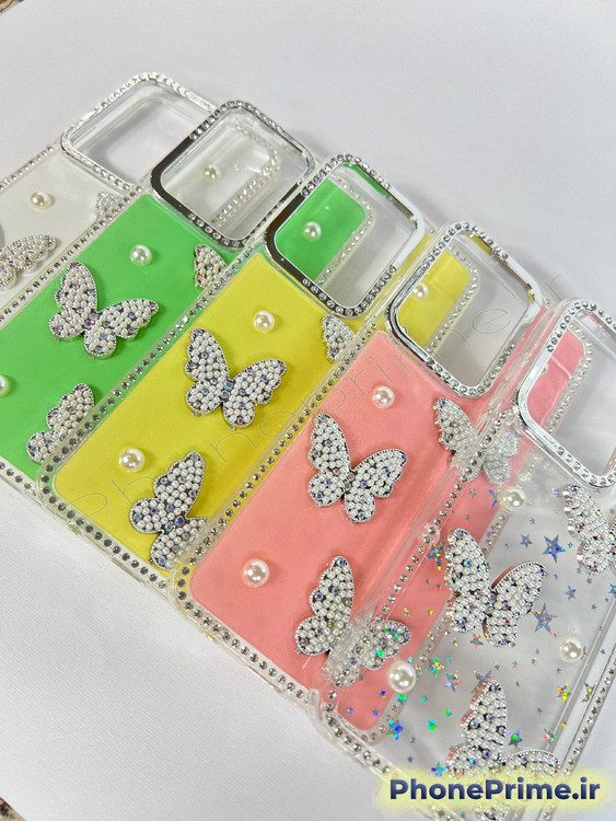 کاور فانتزی سامسونگ گلکسی A56 طرح پروانه سه بعدی و مروارید با بدنه اکلیلی درخشان