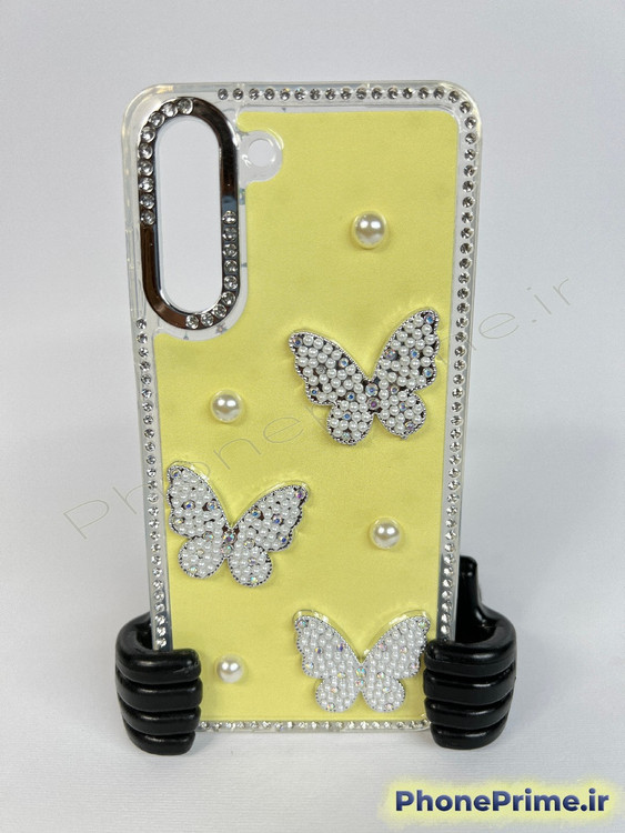 قاب لوکس پروانهای مرواریددار برای سامسونگ S21 FE با فریم کروم براق و رنگهای پاستلی