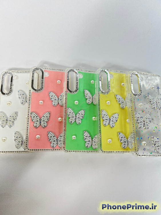 قاب لوکس پروانهای مرواریددار برای سامسونگ S21 FE با فریم کروم براق و رنگهای پاستلی