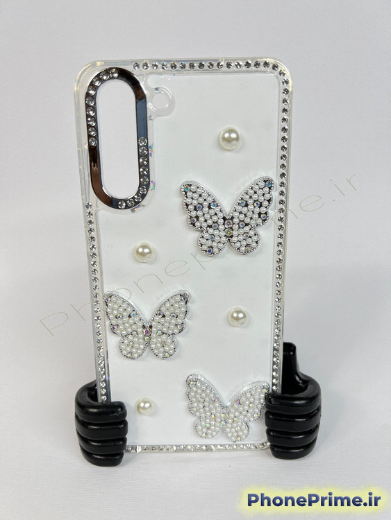 قاب لوکس پروانهای مرواریددار برای سامسونگ S21 FE با فریم کروم براق و رنگهای پاستلی