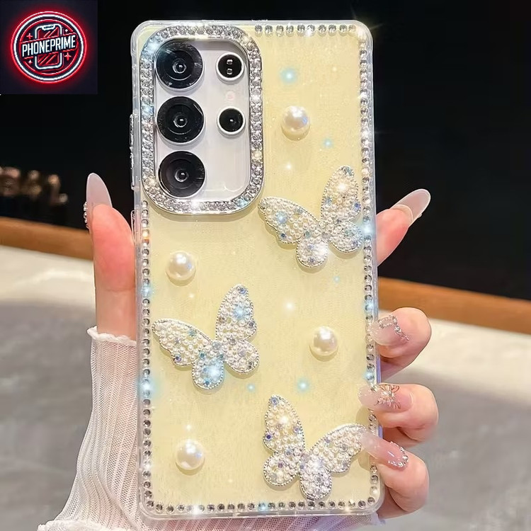 قاب سامسونگ A13 | کاور فانتزی پروانه مرواریدی نگیندار زرد