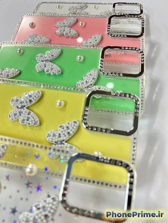 قاب لوکس پروانهای مرواریددار برای سامسونگ S20 FE با فریم کروم براق پاستلی و بدنه شفاف