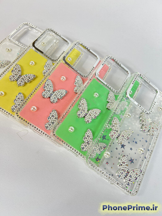 قاب لوکس فریم کروم پاستلی برای شیائومی ردمی 13C با تزئینات پروانه مرواریدی و بدنه اکلیلی