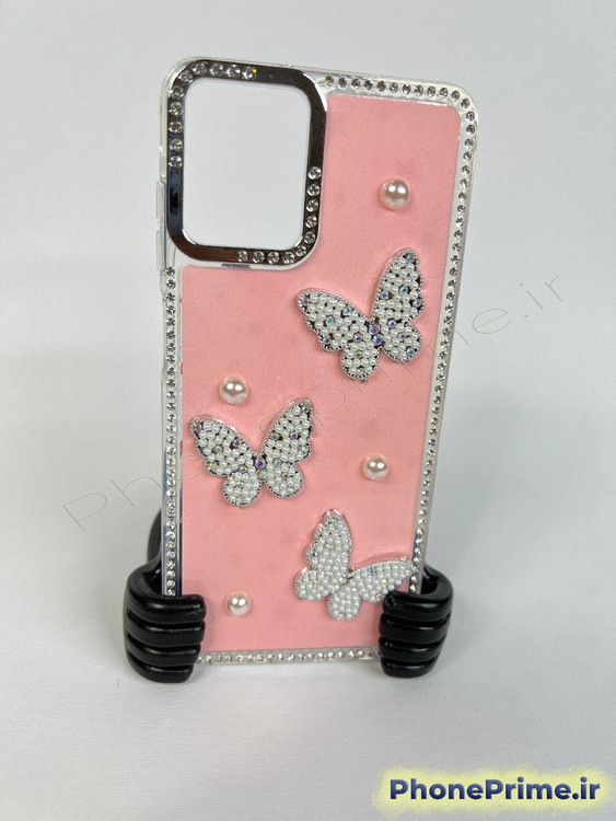 قاب لوکس فریم کروم پاستلی برای شیائومی ردمی 13C با تزئینات پروانه مرواریدی و بدنه اکلیلی