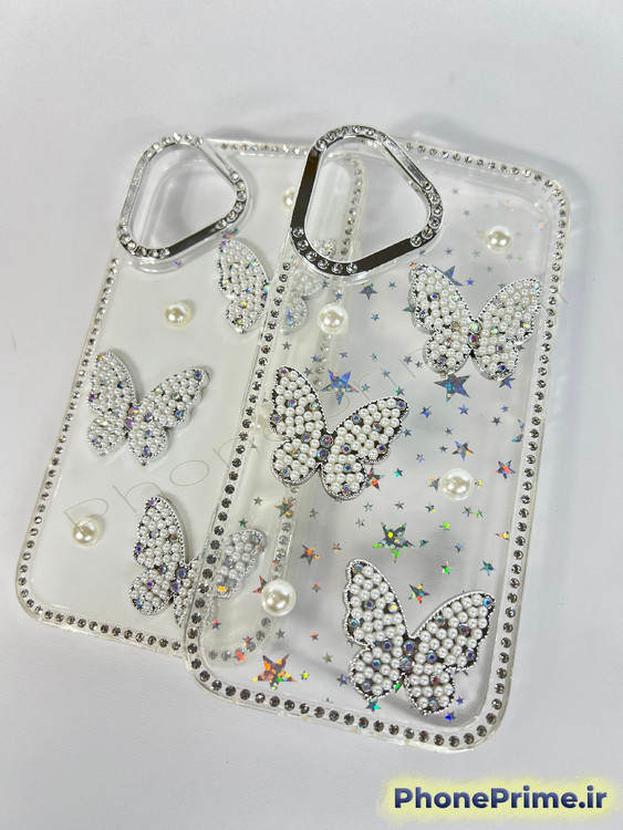 قاب لوکس فریم کروم پاستلی برای آیفون ۱۶ معمولی با تزئینات پروانه مرواریدی و بدنه اکلیلی درخشان