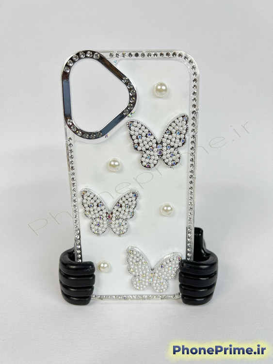 قاب لوکس فریم کروم پاستلی برای آیفون ۱۶ معمولی با تزئینات پروانه مرواریدی و بدنه اکلیلی درخشان