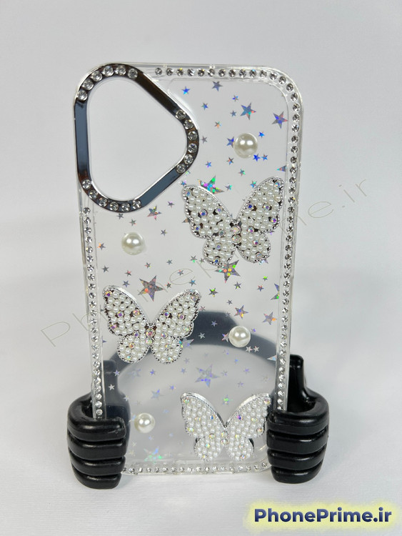 قاب لوکس فریم کروم پاستلی برای آیفون ۱۶ معمولی با تزئینات پروانه مرواریدی و بدنه اکلیلی درخشان