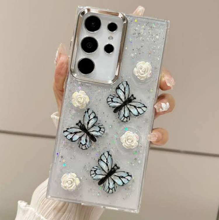 قاب سامسونگ Galaxy S23 Ultra شفاف شاین پروانهای 3D | گارد فانتزی لوکس با بدنه فوقمحکم، محافظ لنز مجزا و فیت دقیق بدنه