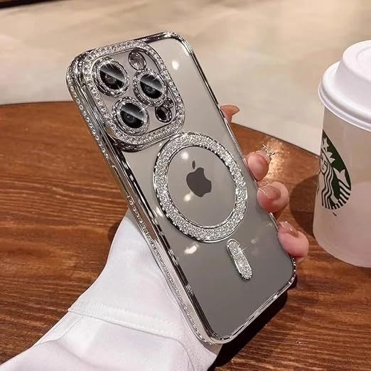 قاب گوشی iPhone 14 Pro Max شفاف نگیندار مجلسی دور رنگی با محافظ لنز و طرح مگسیف اکلیلی