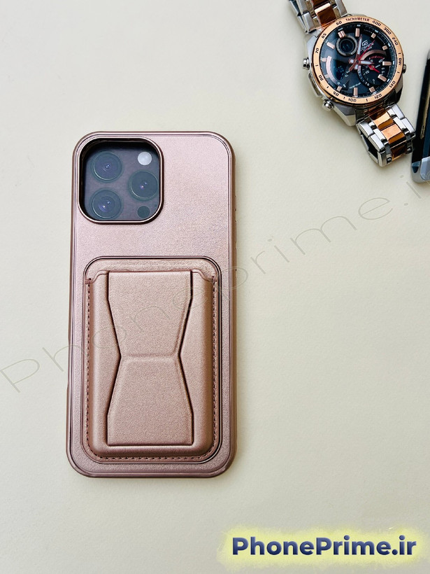 قاب چرمی جاکارتیدار آیفون 13 پرومکس (ولتدار) - قهوهای استندشو کیفیت پریمیوم IPHONE 13 PROMAX