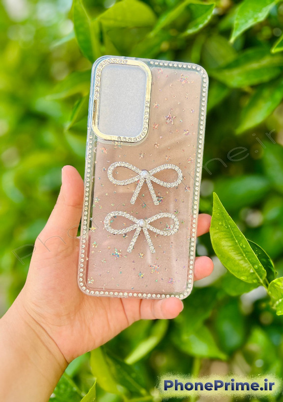 قاب لوکس سامسونگ آ۱۶ مدل Luxury Shine Star با شاین ستارهای و دو پاپیون جواهری برجسته