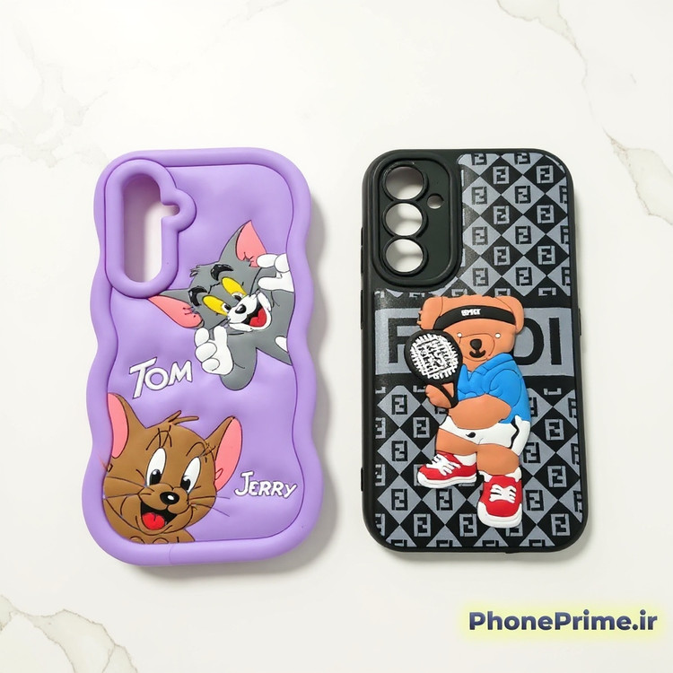 باندل دو عددی قاب سامسونگ S23 FE - قاب بنفش تام و جری موجدار و قاب مشکی خرس اسپرت فندی - phoneprime.ir