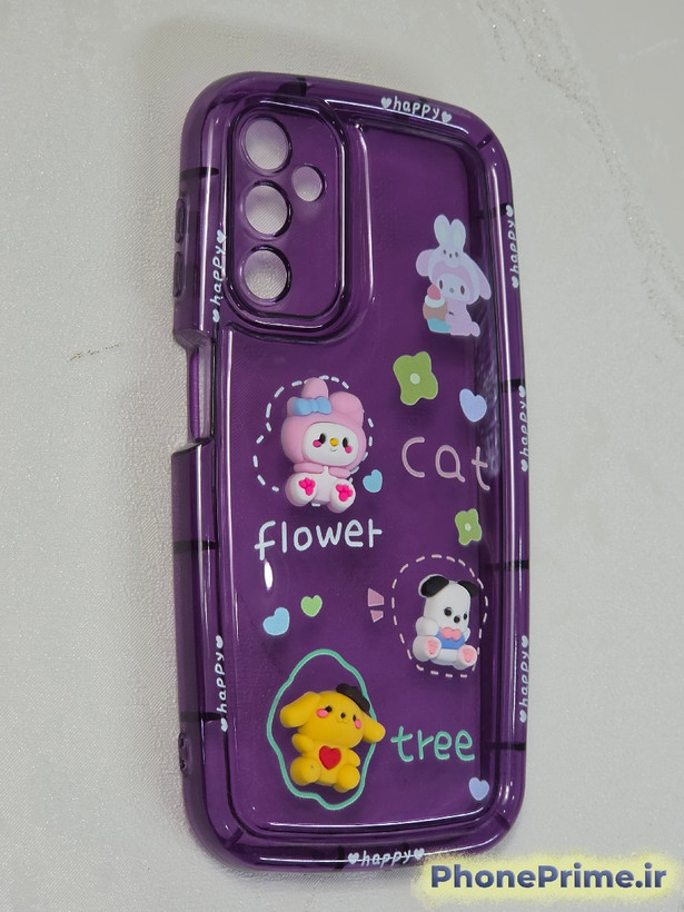 قاب شفاف بنفش سامسونگ A14 طرح Happy Sanrio با فیگورهای سهبعدی My Melody و Pochacco