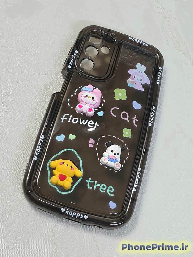قاب شفاف بنفش سامسونگ A14 طرح Happy Sanrio با فیگورهای سهبعدی My Melody و Pochacco