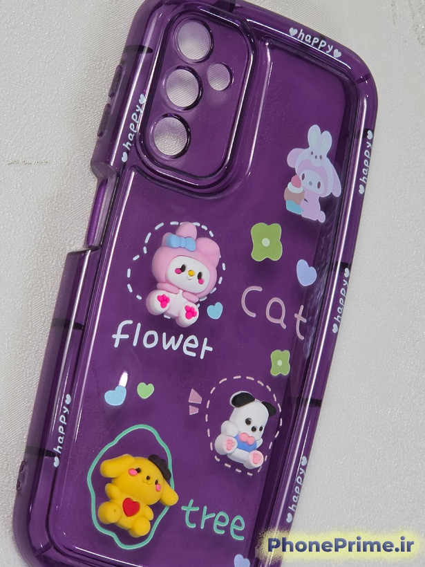 کاور دودی شفاف Galaxy A14 با طرح کاراکترهای Sanrio و نوشته flower cat tree