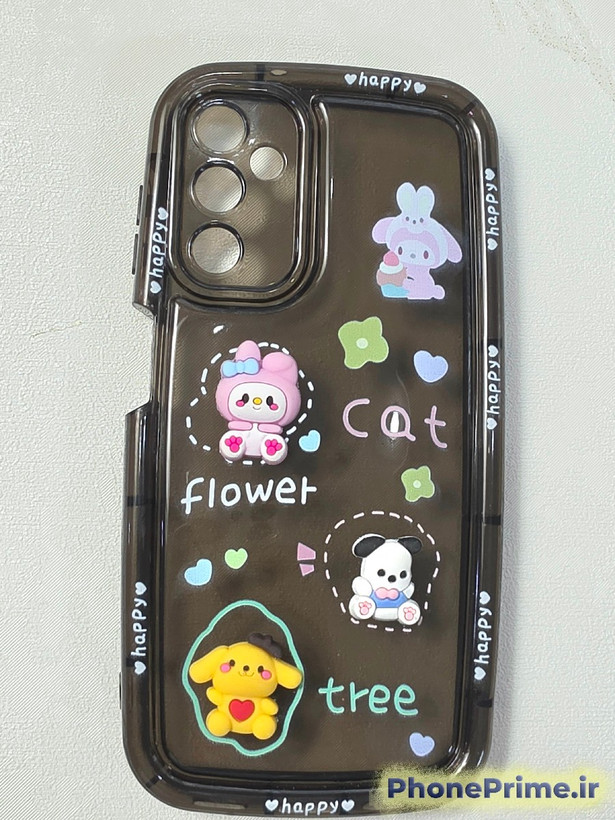 کاور دودی شفاف Galaxy A14 با طرح کاراکترهای Sanrio و نوشته flower cat tree