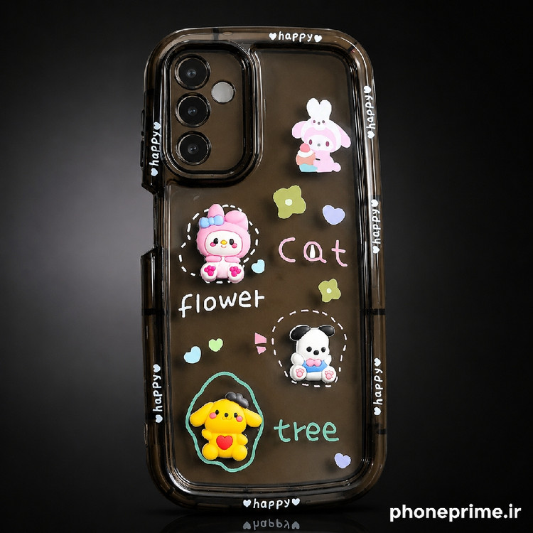 قاب شفاف بنفش سامسونگ A14 طرح Happy Sanrio با فیگورهای سهبعدی My Melody و Pochacco