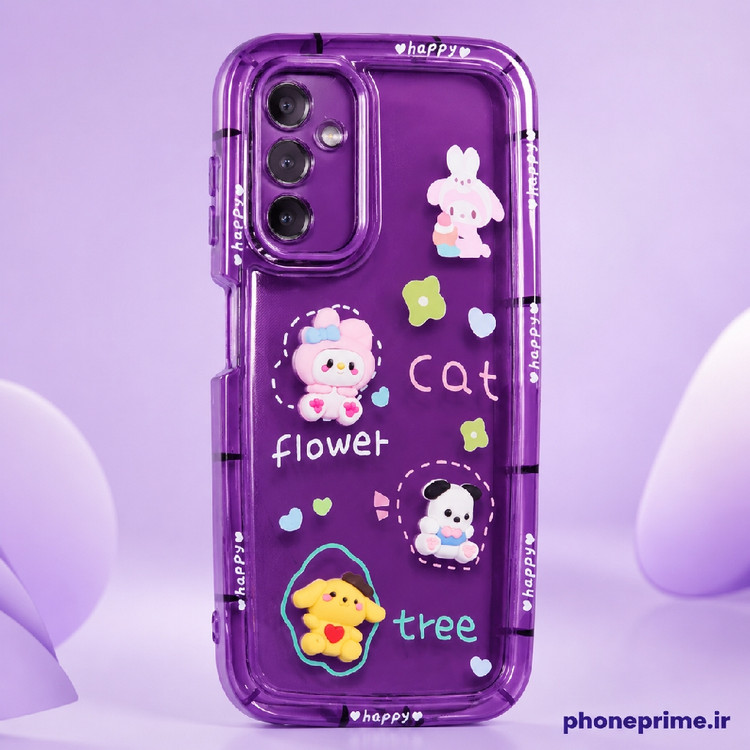 قاب شفاف بنفش سامسونگ A14 طرح Happy Sanrio با فیگورهای سهبعدی My Melody و Pochacco