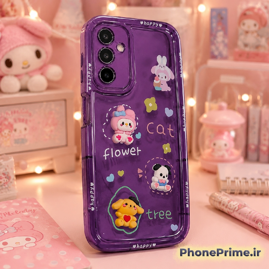قاب شفاف بنفش سامسونگ A14 طرح Happy Sanrio با فیگورهای سهبعدی My Melody و Pochacco