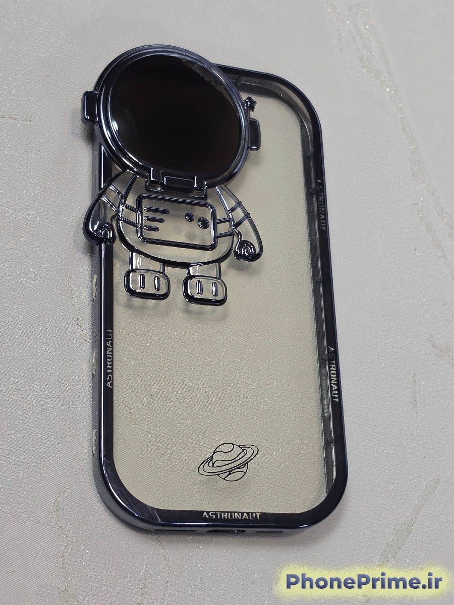 قاب گوشی Apple iPhone 13 Pro Max / 12 Pro Max شفاف دور مشکی طرح فضانورد (Astronaut) با قابلیت استند شدن