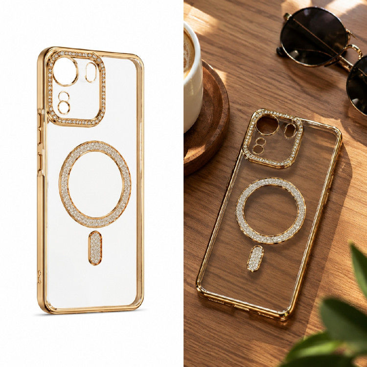 قاب گوشی Redmi Note 14 لوکس نگیندار طلایی با محافظ لنز و قابلیت مگسیف