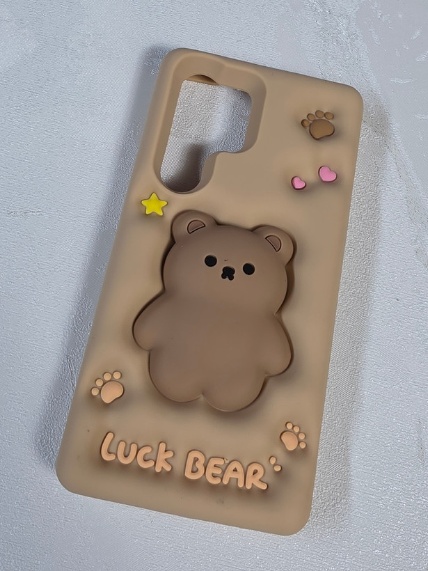 قاب عروسکی و سه بعدی قهوهای سامسونگ Galaxy S23 Ultra طرح خرس Luck Bear با محافظ لنز