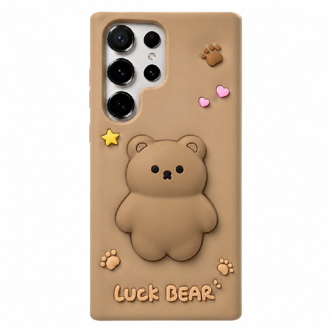 قاب عروسکی و سه بعدی قهوه‌ای سامسونگ Galaxy S23 Ultra طرح خرس Luck Bear با محافظ لنز