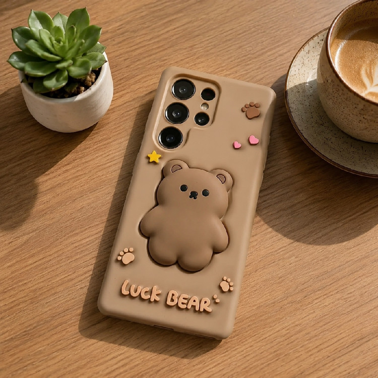 قاب عروسکی و سه بعدی قهوهای سامسونگ Galaxy S23 Ultra طرح خرس Luck Bear با محافظ لنز
