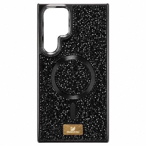قاب گوشی سامسونگ Galaxy S23 Ultra طرح سواروسکی نگین دار مشکی با حلقه مگ سیف و پلاک طلایی