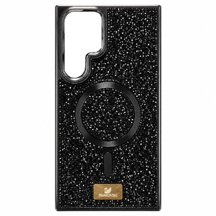 قاب گوشی سامسونگ Galaxy S23 Ultra طرح سواروسکی نگین دار مشکی با حلقه مگ سیف و پلاک طلایی