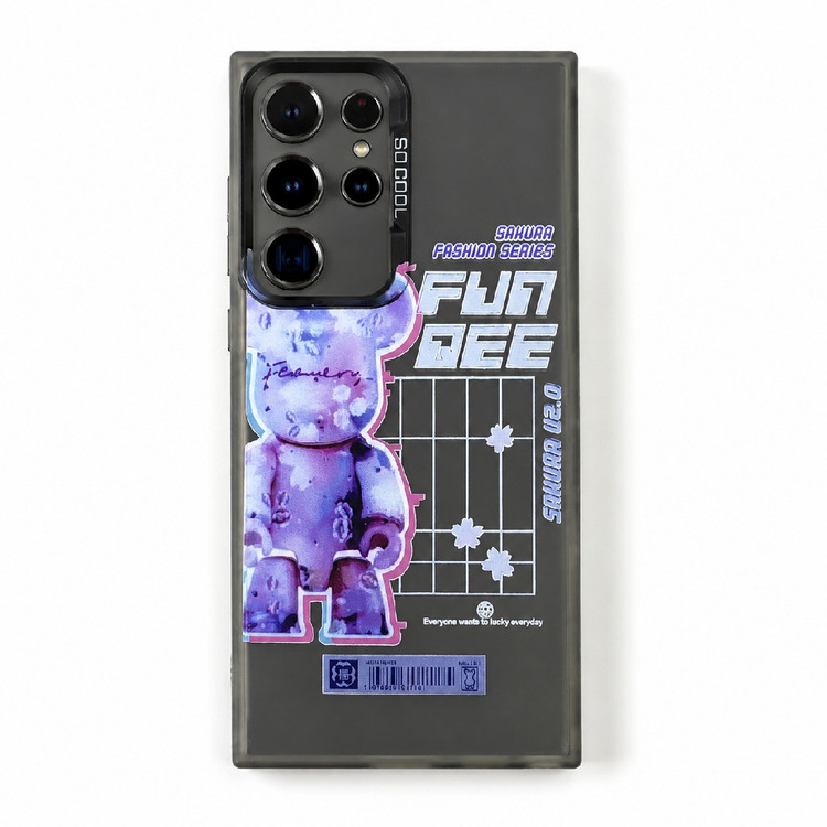 قاب نیمه شفاف دودی گوشی سامسونگ S23 Ultra با طرح گرافیکی خرس بنفش Bearbrick و نوشته Sakura Fashion