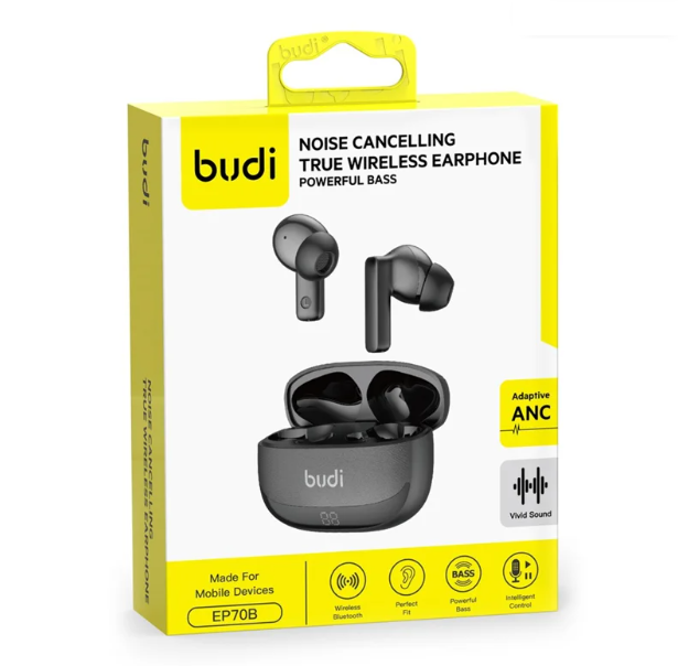 هندزفری بیسیم بودی Budi EP70B با نویز کنسلینگ مکالمه ENC و کیس چرمی