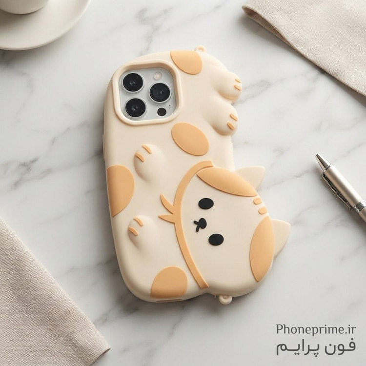 قاب آیفون 13 iPhone 13 طرح سهبعدی گربه فانتزی خوابیده کرم خردلی کیفیت اصلی قابل شستشو با ۱ سال ضمانت رنگ