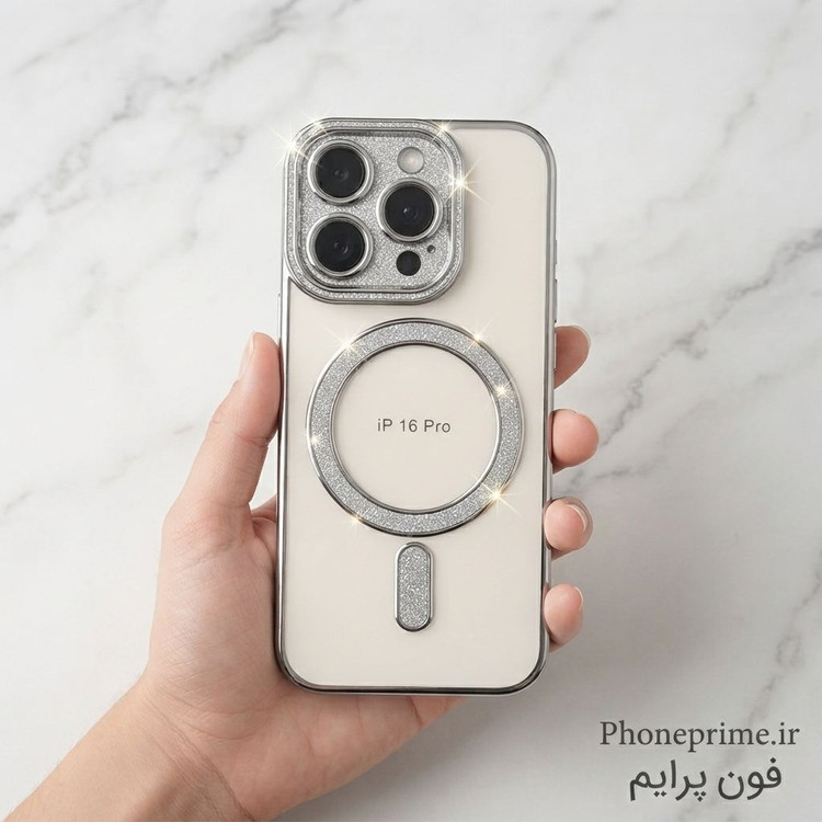 قاب آیفون 16 پرو iPhone 16 Pro مدل Pro Shine لوکس شفاف اکلیلی مگ سیف با محافظ لنز