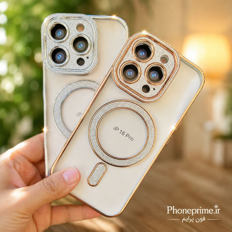 قاب آیفون 16 پرو iPhone 16 Pro مدل Pro Shine لوکس شفاف اکلیلی مگ سیف با محافظ لنز