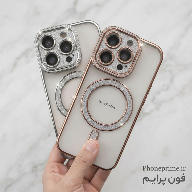 قاب آیفون 16 پرو iPhone 16 Pro مدل Pro Shine لوکس شفاف اکلیلی مگ سیف با محافظ لنز