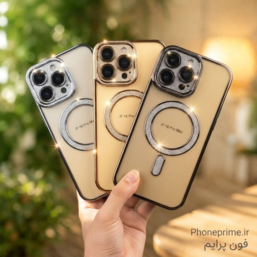 قاب آیفون 16 پرو مکس iPhone 16 Pro Max مدل Pro Shine شفاف اکلیلی مگ سیف با محافظ لنز اختصاصی