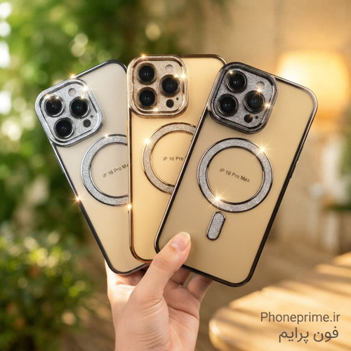 قاب آیفون 16 پرو مکس iPhone 16 Pro Max مدل Pro Shine شفاف اکلیلی مگ سیف با محافظ لنز اختصاصی