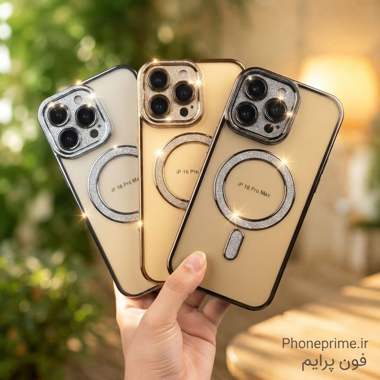 قاب آیفون 16 پرو مکس iPhone 16 Pro Max مدل Pro Shine شفاف اکلیلی مگ سیف با محافظ لنز اختصاصی