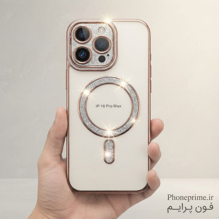 قاب آیفون 16 پرو مکس iPhone 16 Pro Max مدل Pro Shine شفاف اکلیلی مگ سیف با محافظ لنز اختصاصی